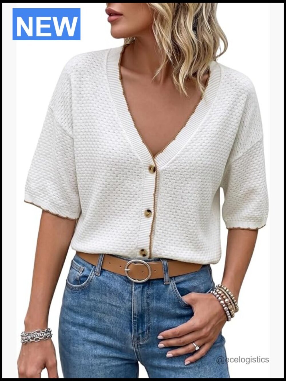Textured Knit Cardigan Button Down Short Sleeve Cotton Top
